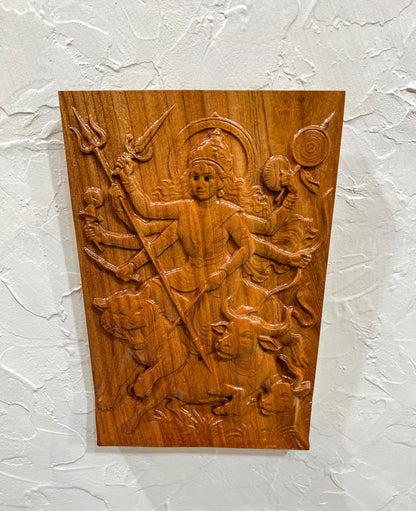 12" Tall Durga Maa Mahishasura Carving Relief Wall Plaque | Hindu Warrior Goddess
