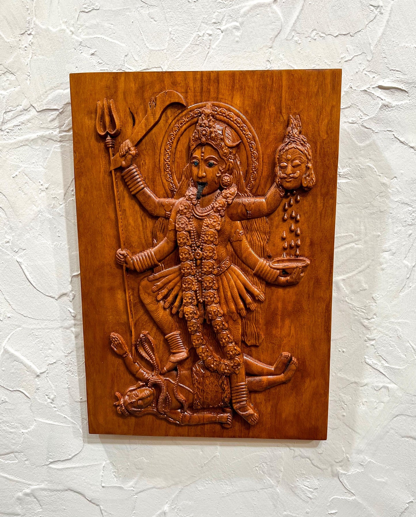 13" Tall Kali Maa Carving Relief Wall Hanging Plaque | Hindu Warrior Goddess