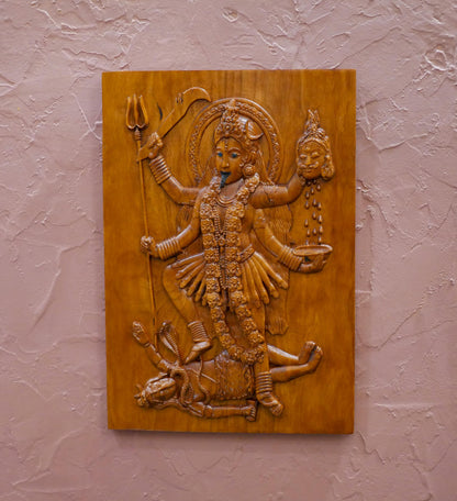 13" Tall Kali Maa Carving Relief Wall Hanging Plaque | Hindu Warrior Goddess