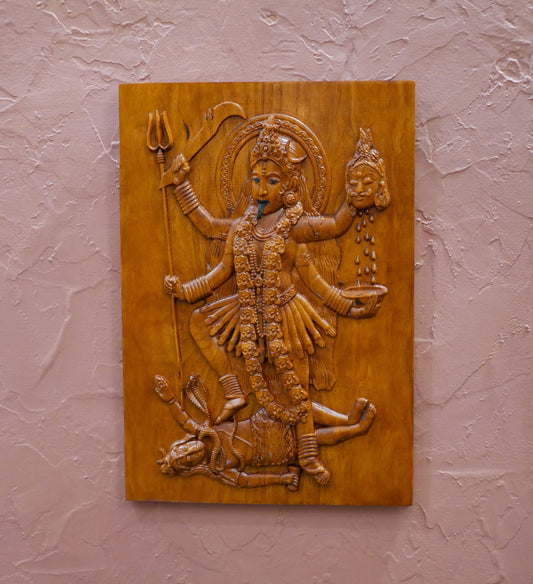 13" Tall Kali Maa Carving Relief Wall Hanging Plaque | Hindu Warrior Goddess