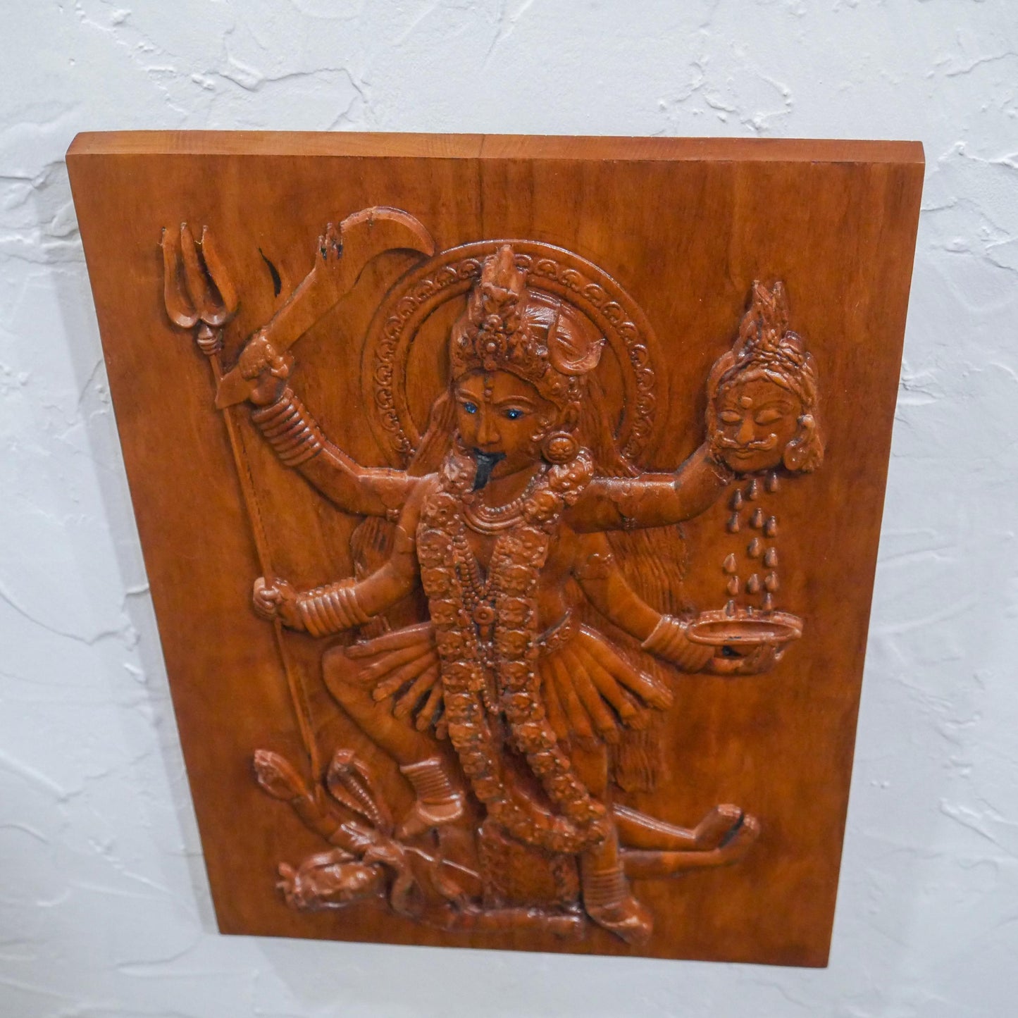 13" Tall Kali Maa Carving Relief Wall Hanging Plaque | Hindu Warrior Goddess