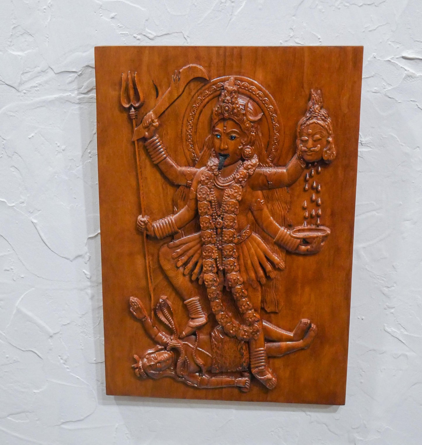 13" Tall Kali Maa Carving Relief Wall Hanging Plaque | Hindu Warrior Goddess
