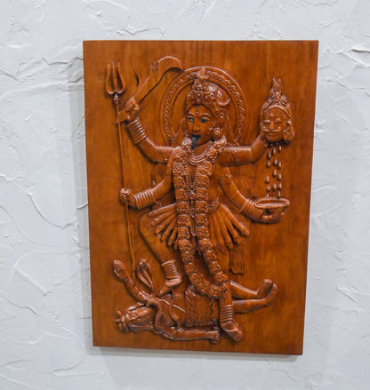 13" Tall Kali Maa Carving Relief Wall Hanging Plaque | Hindu Warrior Goddess