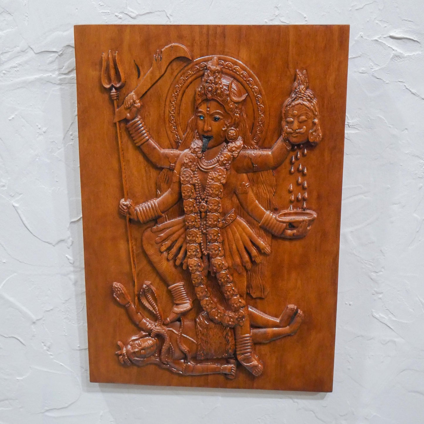 13" Tall Kali Maa Carving Relief Wall Hanging Plaque | Hindu Warrior Goddess