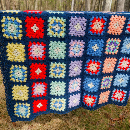 Vintage Large Granny Square Afghan Crochet Throw Sofa Blanket - 77" x 63"