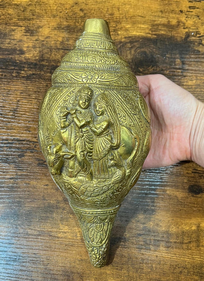 Vintage Brass Radha Krishna Shankh | Religious Hindu Trumpet Conch - 9.5" Long