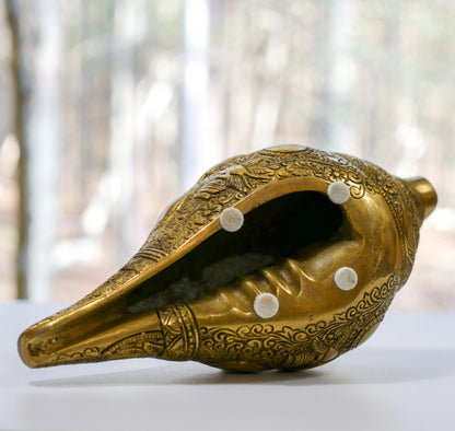 Vintage Brass Radha Krishna Shankh | Religious Hindu Trumpet Conch - 9.5" Long