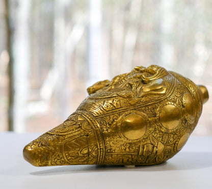 Vintage Brass Radha Krishna Shankh | Religious Hindu Trumpet Conch - 9.5" Long