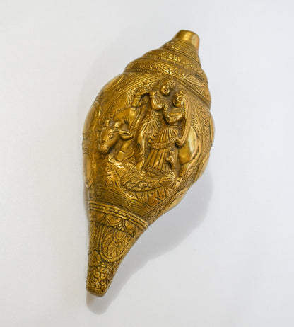 Vintage Brass Radha Krishna Shankh | Religious Hindu Trumpet Conch - 9.5" Long