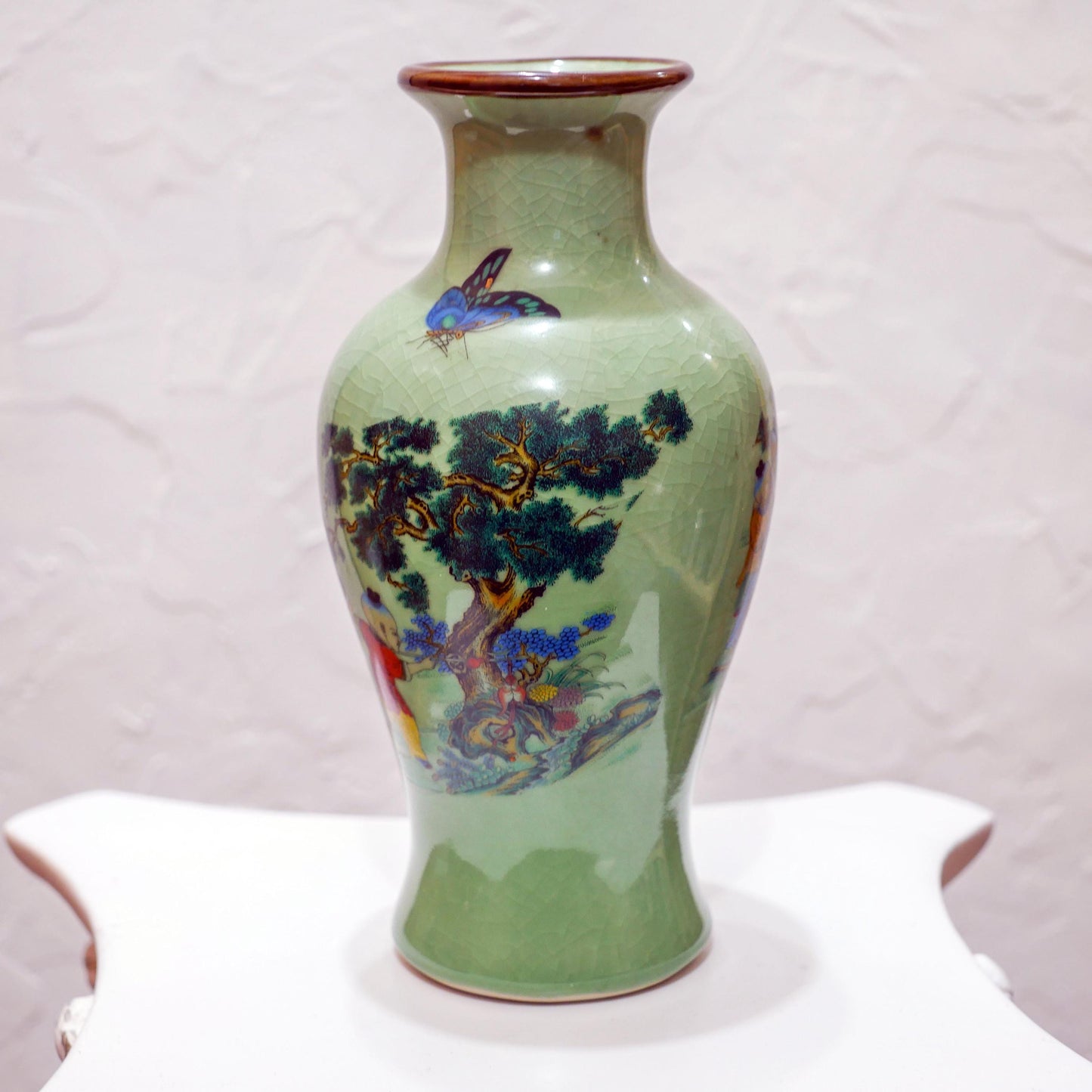Vintage Chinese Ceramic Crackle Celadon Hand-Painted Scenic Vase - 9.5" Tall