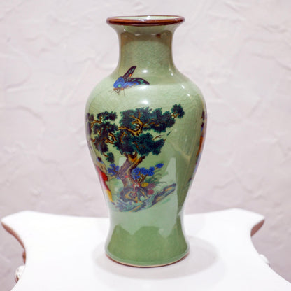 Vintage Chinese Ceramic Crackle Celadon Hand-Painted Scenic Vase - 9.5" Tall