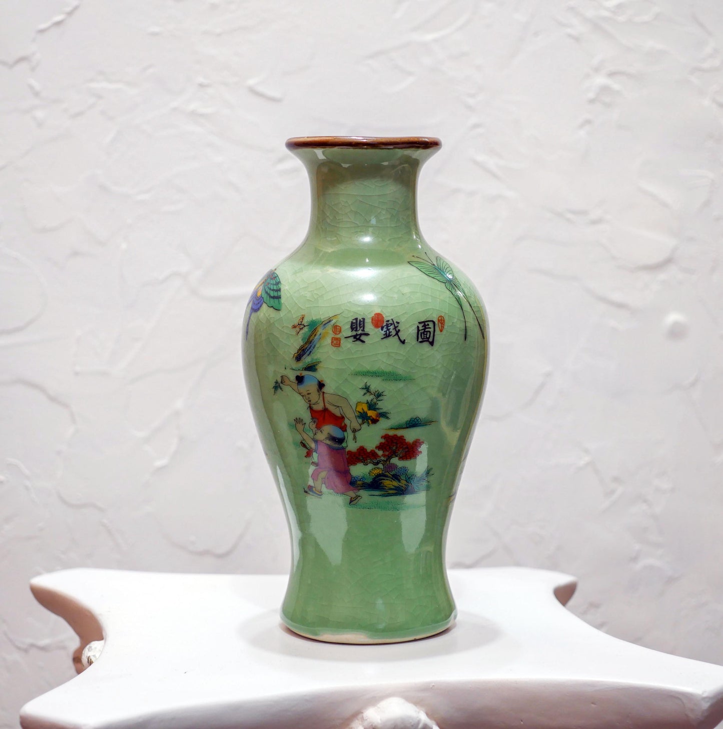 Vintage Chinese Ceramic Crackle Celadon Hand-Painted Scenic Vase - 9.5" Tall