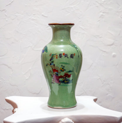 Vintage Chinese Ceramic Crackle Celadon Hand-Painted Scenic Vase - 9.5" Tall