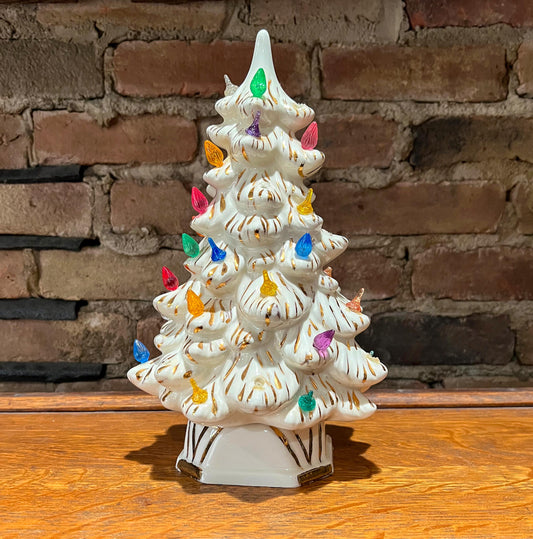 Rare Vintage 11” Holland Mold Ceramic Christmas Tree Light White Gold Hand Painted