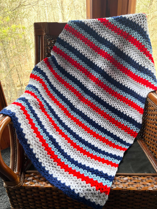 Vintage Afghan Crochet Lapghan Lap Throw Patriotic Blue Red White  - 47"x30"