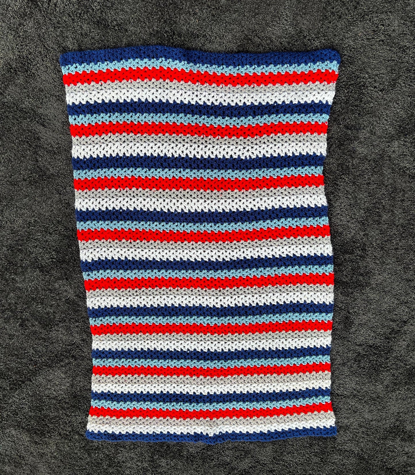 Vintage Afghan Crochet Lapghan Lap Throw Patriotic Blue Red White  - 47"x30"