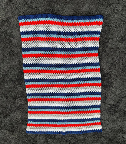 Vintage Afghan Crochet Lapghan Lap Throw Patriotic Blue Red White  - 47"x30"