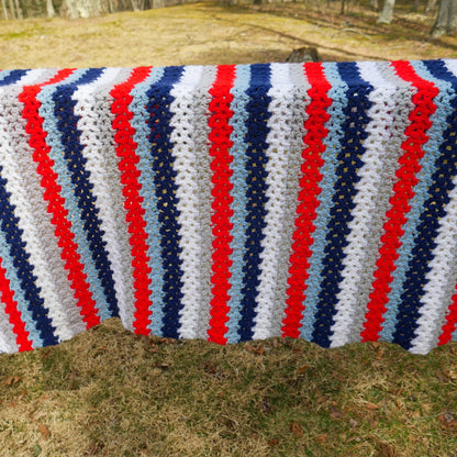 Vintage Afghan Crochet Lapghan Lap Throw Patriotic Blue Red White  - 47"x30"