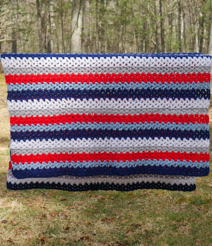 Vintage Afghan Crochet Lapghan Lap Throw Patriotic Blue Red White  - 47"x30"