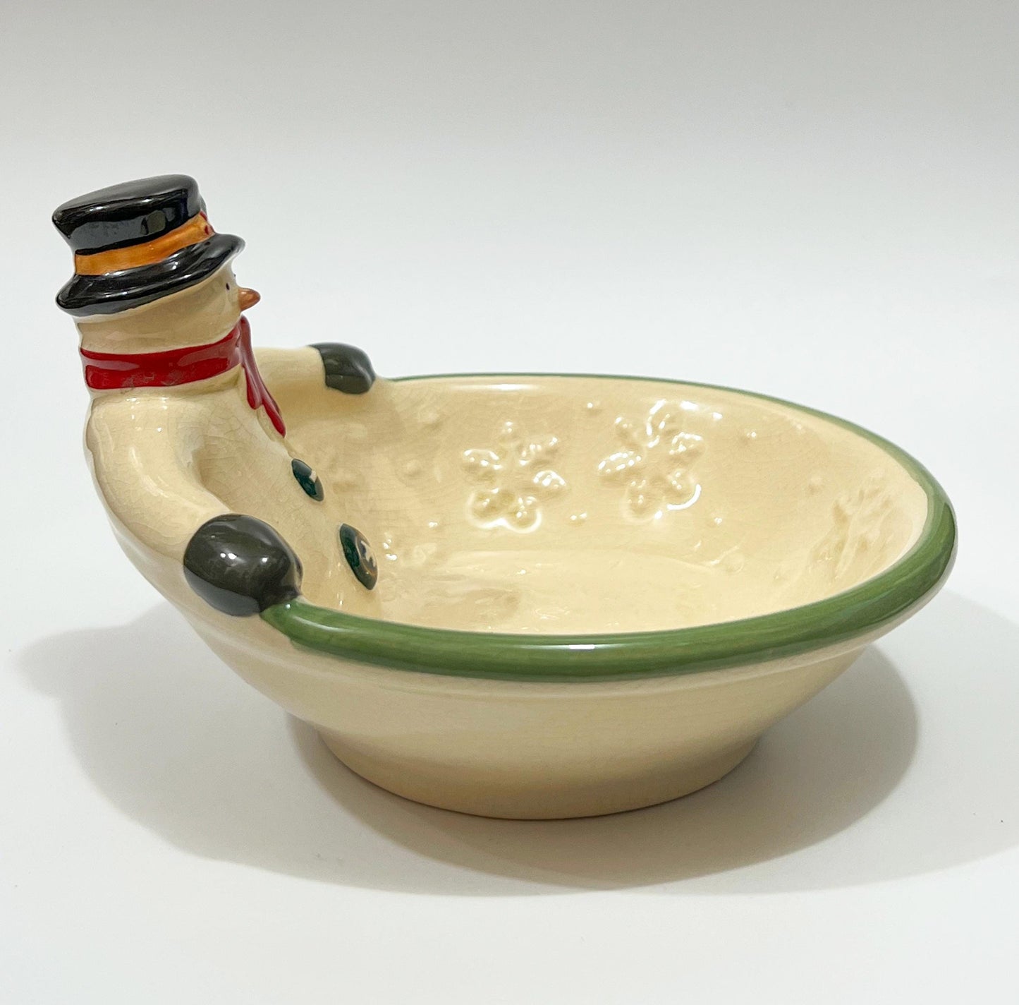 Vintage Russ Berrie Crackle Ceramic Snowman Christmas Holiday Candy Serving Bowl