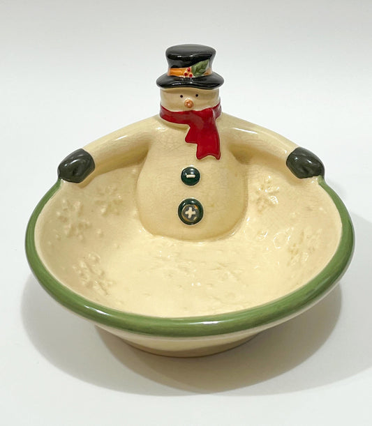 Vintage Russ Berrie Crackle Ceramic Snowman Christmas Holiday Candy Serving Bowl