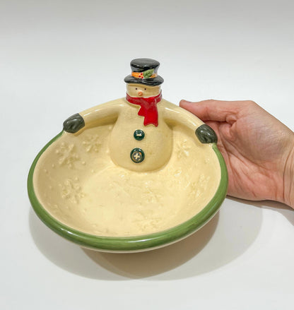 Vintage Russ Berrie Crackle Ceramic Snowman Christmas Holiday Candy Serving Bowl