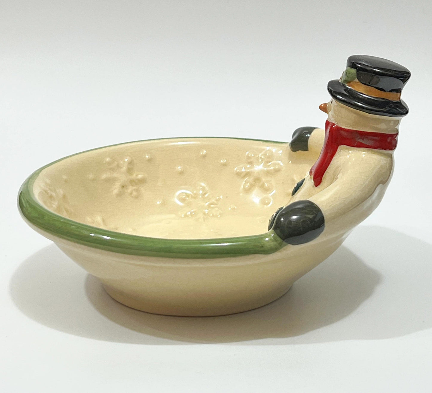 Vintage Russ Berrie Crackle Ceramic Snowman Christmas Holiday Candy Serving Bowl