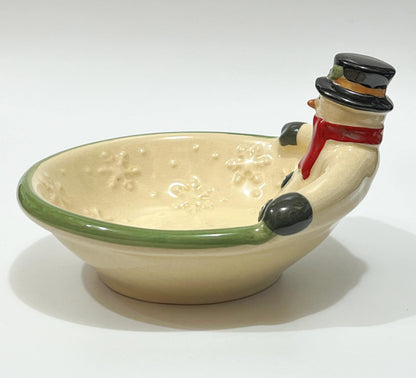 Vintage Russ Berrie Crackle Ceramic Snowman Christmas Holiday Candy Serving Bowl