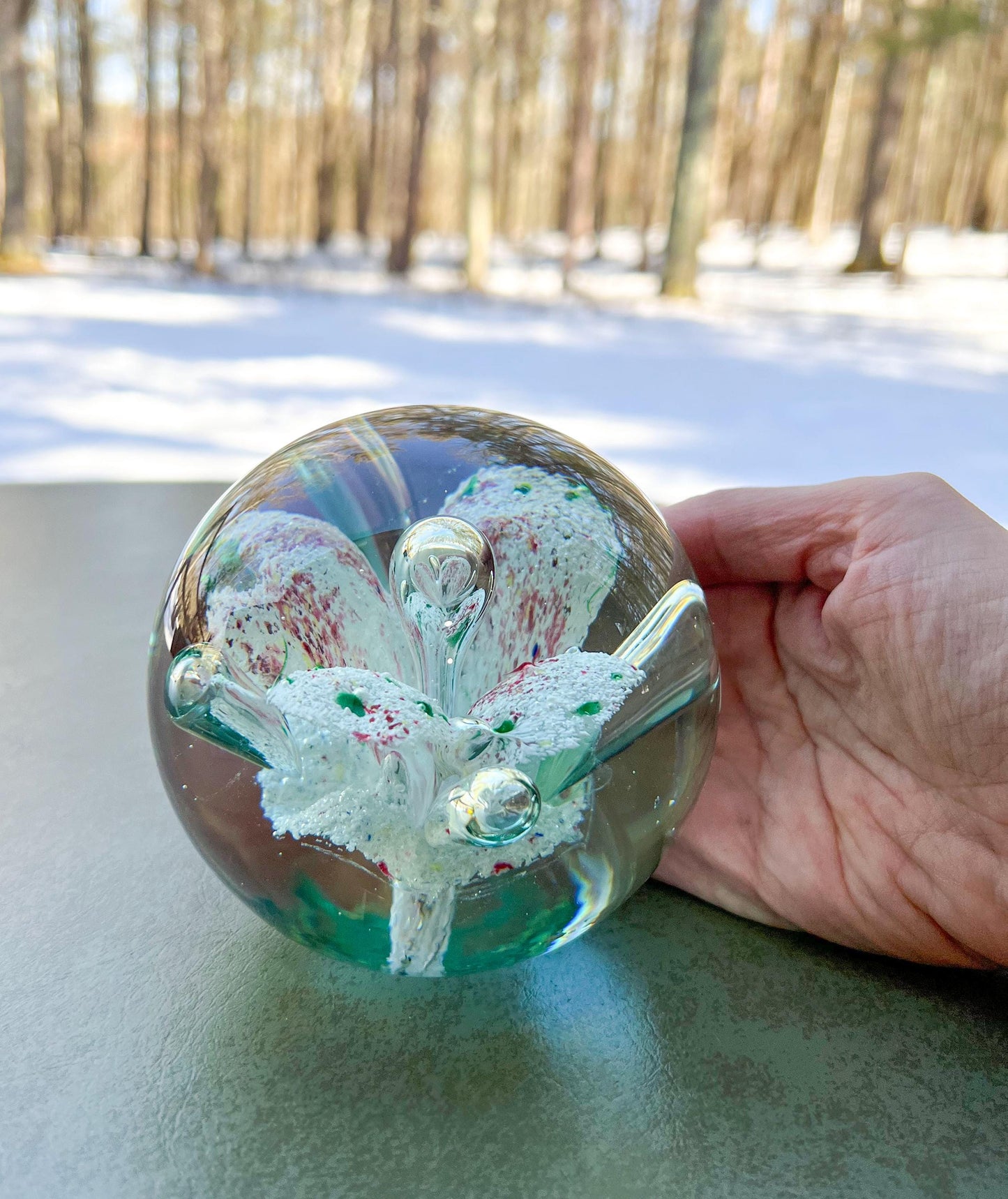 4" Heavy Vintage Hand Blown Art Glass Paperweight with Floral Inclusion
