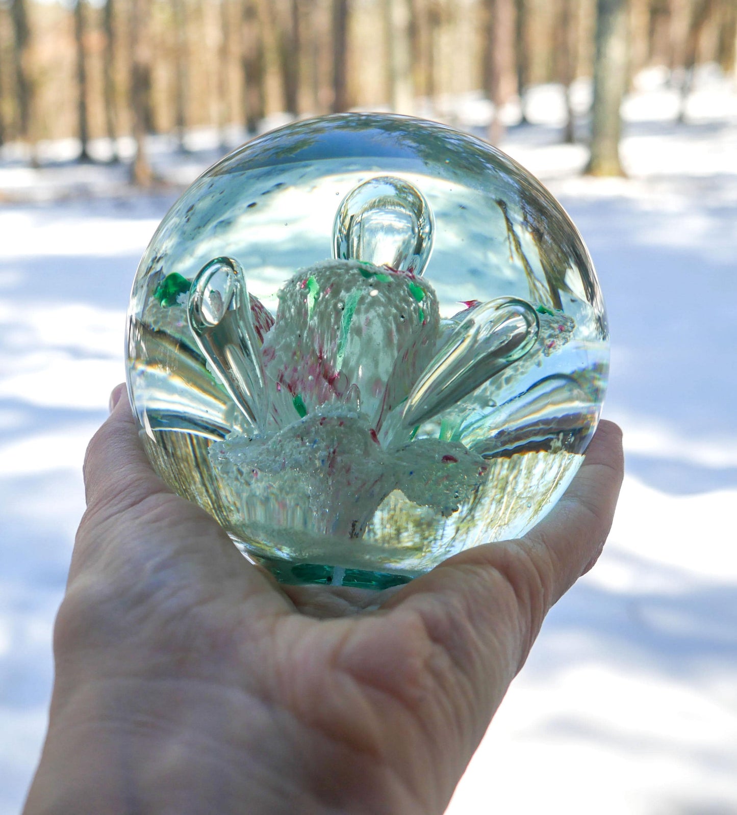 4" Heavy Vintage Hand Blown Art Glass Paperweight with Floral Inclusion
