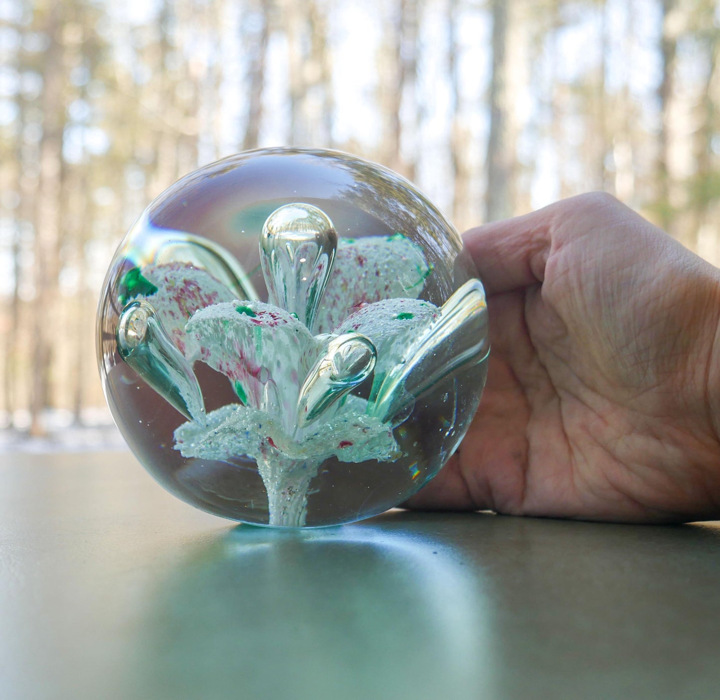 4" Heavy Vintage Hand Blown Art Glass Paperweight with Floral Inclusion