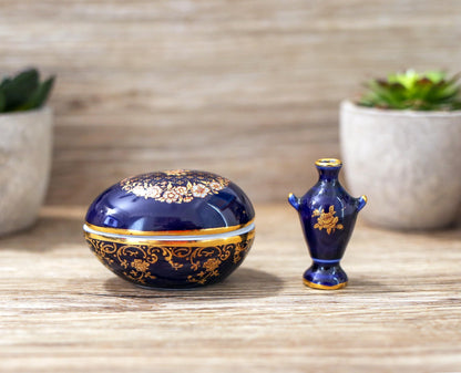 Vintage Limoges Castel Porcelain Trinket Cobalt Egg Gold Trim and Retired Miniature Urn