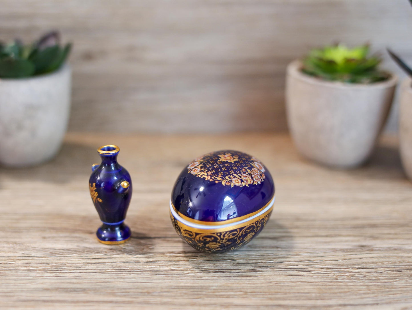 Vintage Limoges Castel Porcelain Trinket Cobalt Egg Gold Trim and Retired Miniature Urn