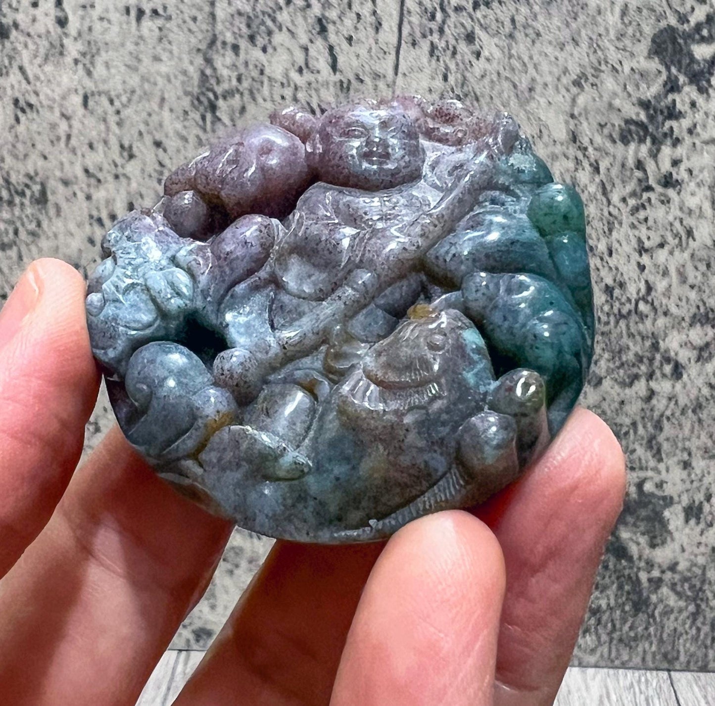 Vintage Chinese Carved Agate Pendant Boy Ruyi Scepter Koi Fish Good Luck Amulet