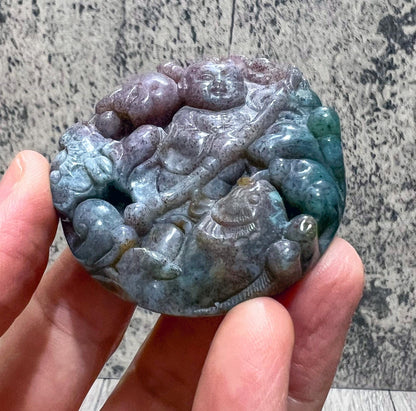 Vintage Chinese Carved Agate Pendant Boy Ruyi Scepter Koi Fish Good Luck Amulet