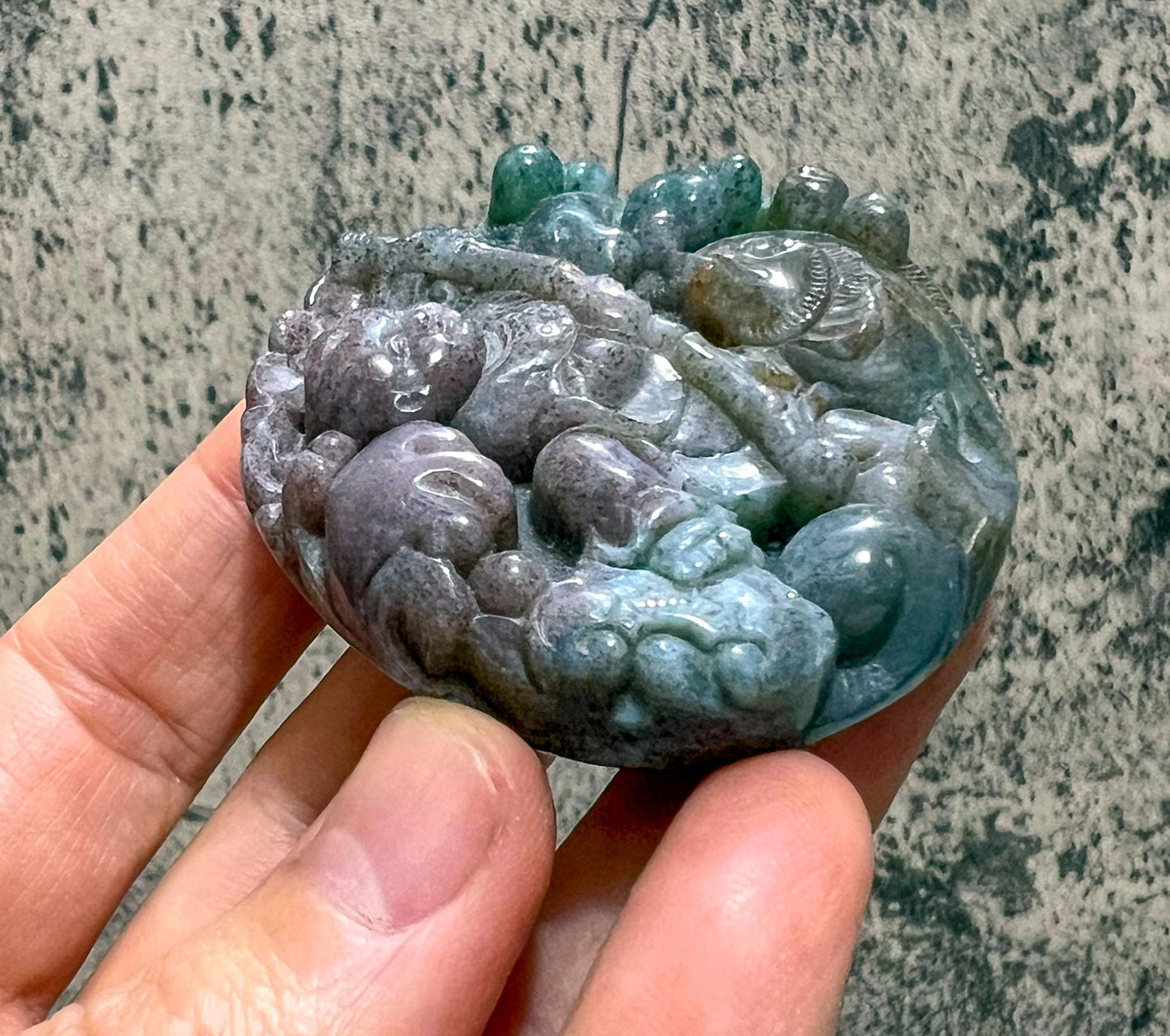 Vintage Chinese Carved Agate Pendant Boy Ruyi Scepter Koi Fish Good Luck Amulet