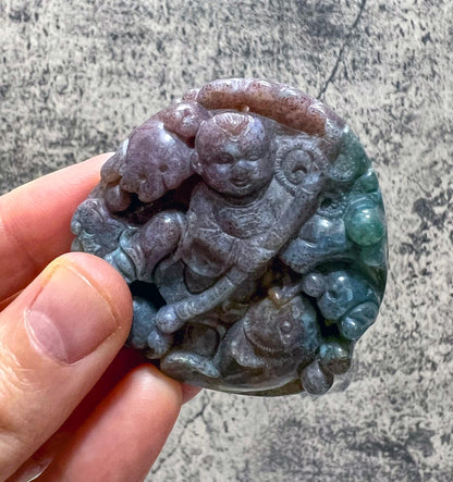 Vintage Chinese Carved Agate Pendant Boy Ruyi Scepter Koi Fish Good Luck Amulet