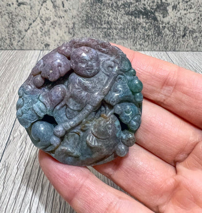 Vintage Chinese Carved Agate Pendant Boy Ruyi Scepter Koi Fish Good Luck Amulet