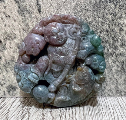 Vintage Chinese Carved Agate Pendant Boy Ruyi Scepter Koi Fish Good Luck Amulet