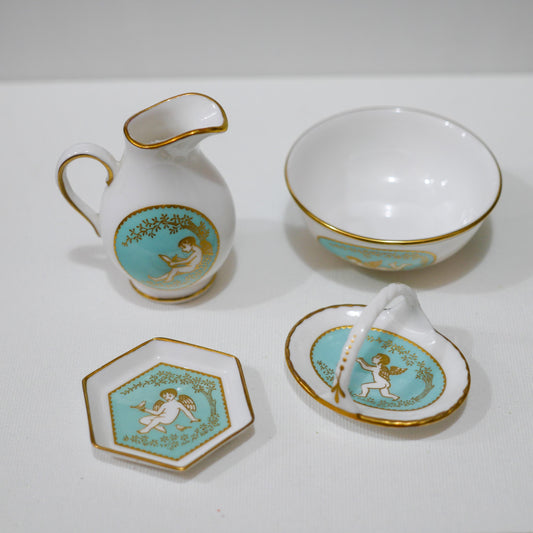 Vintage Spode England Fine Bone China Miniature Cherub Porcelain Set – Teal & Gold
