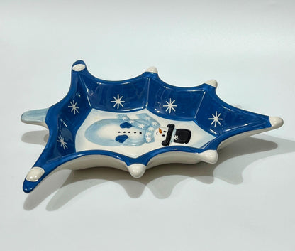 Vintage ND Hand-painted Ceramic Snowman Christmas Holiday Candy Serving Tree Dish