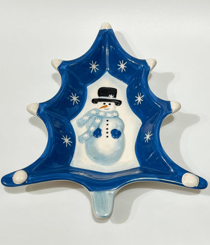 Vintage ND Hand-painted Ceramic Snowman Christmas Holiday Candy Serving Tree Dish