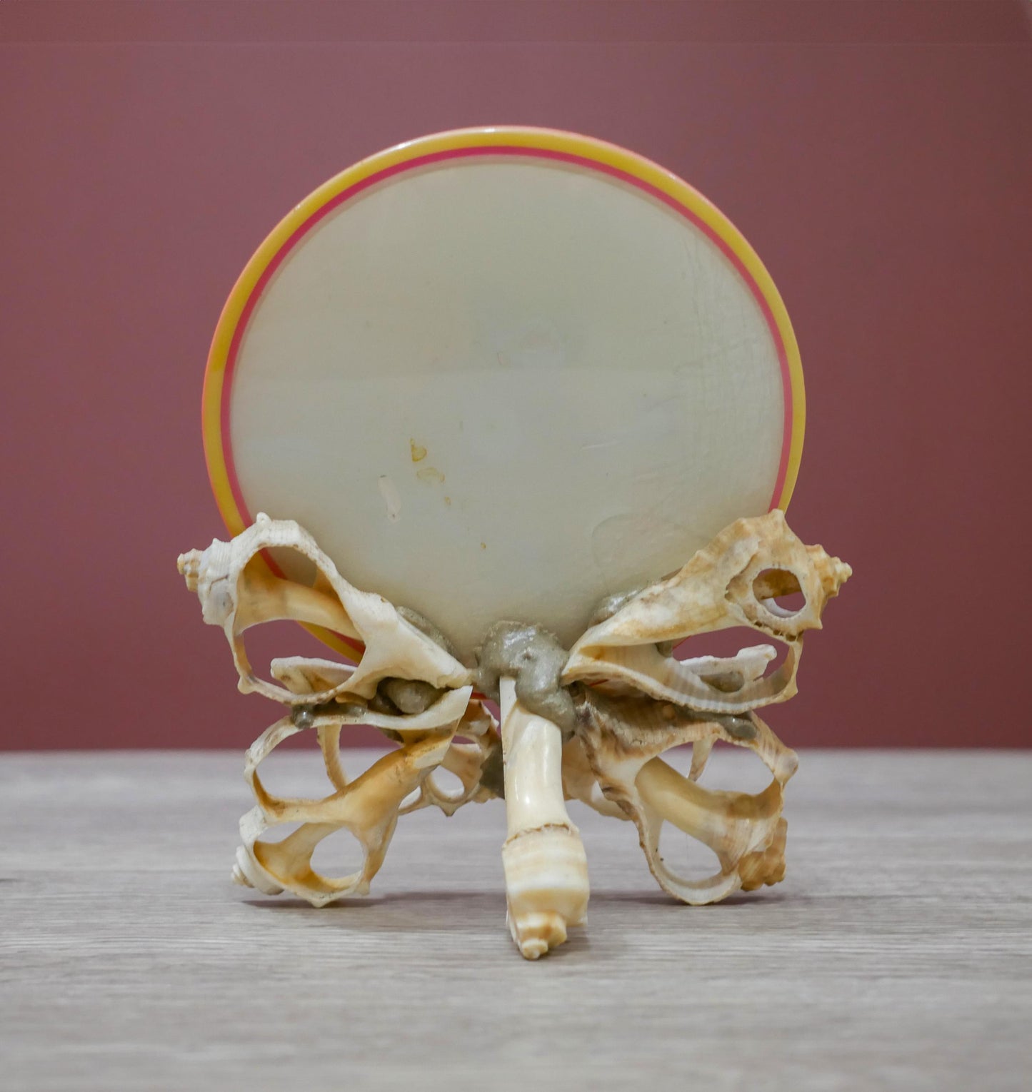 Vintage Reverse Painted Dish with Floral Design and Pink Rim – Oyster Shell Stand