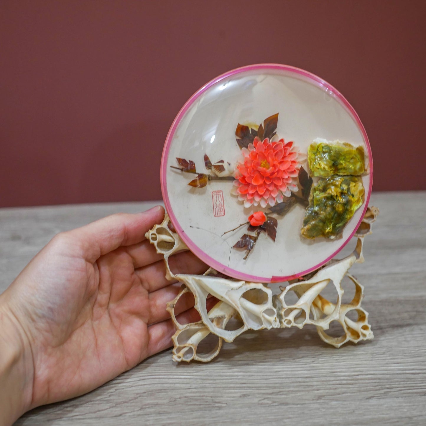 Vintage Reverse Painted Dish with Floral Design and Pink Rim – Oyster Shell Stand