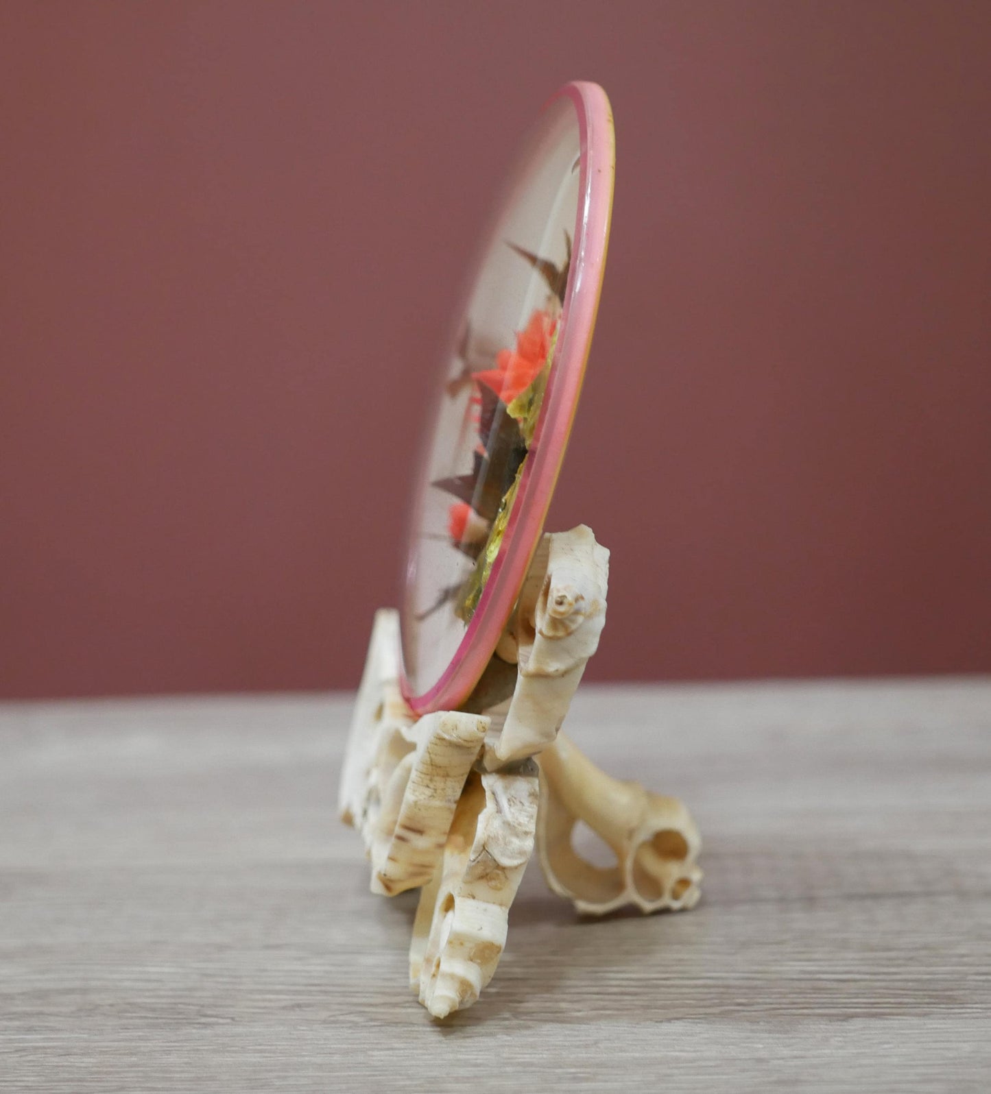 Vintage Reverse Painted Dish with Floral Design and Pink Rim – Oyster Shell Stand