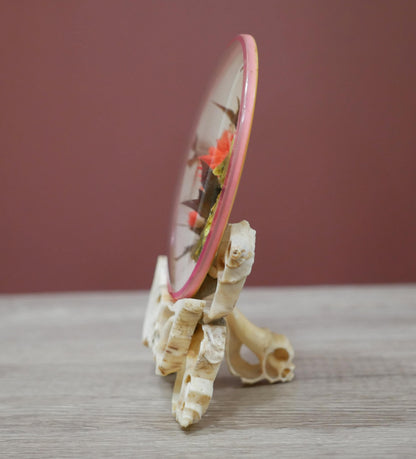 Vintage Reverse Painted Dish with Floral Design and Pink Rim – Oyster Shell Stand