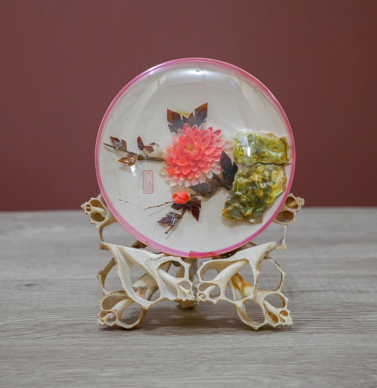 Vintage Reverse Painted Dish with Floral Design and Pink Rim – Oyster Shell Stand