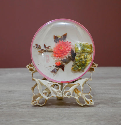 Vintage Reverse Painted Dish with Floral Design and Pink Rim – Oyster Shell Stand