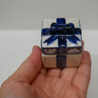 Dedham Pottery Miniature Rabbit Square Trinket Jewelry Box with Blue Ribbon