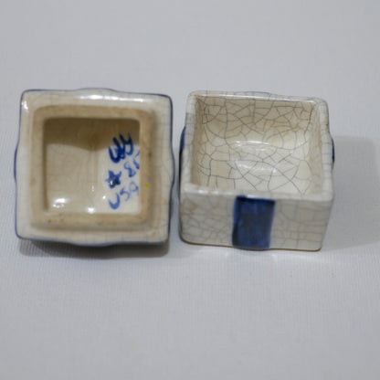 Dedham Pottery Miniature Rabbit Square Trinket Jewelry Box with Blue Ribbon